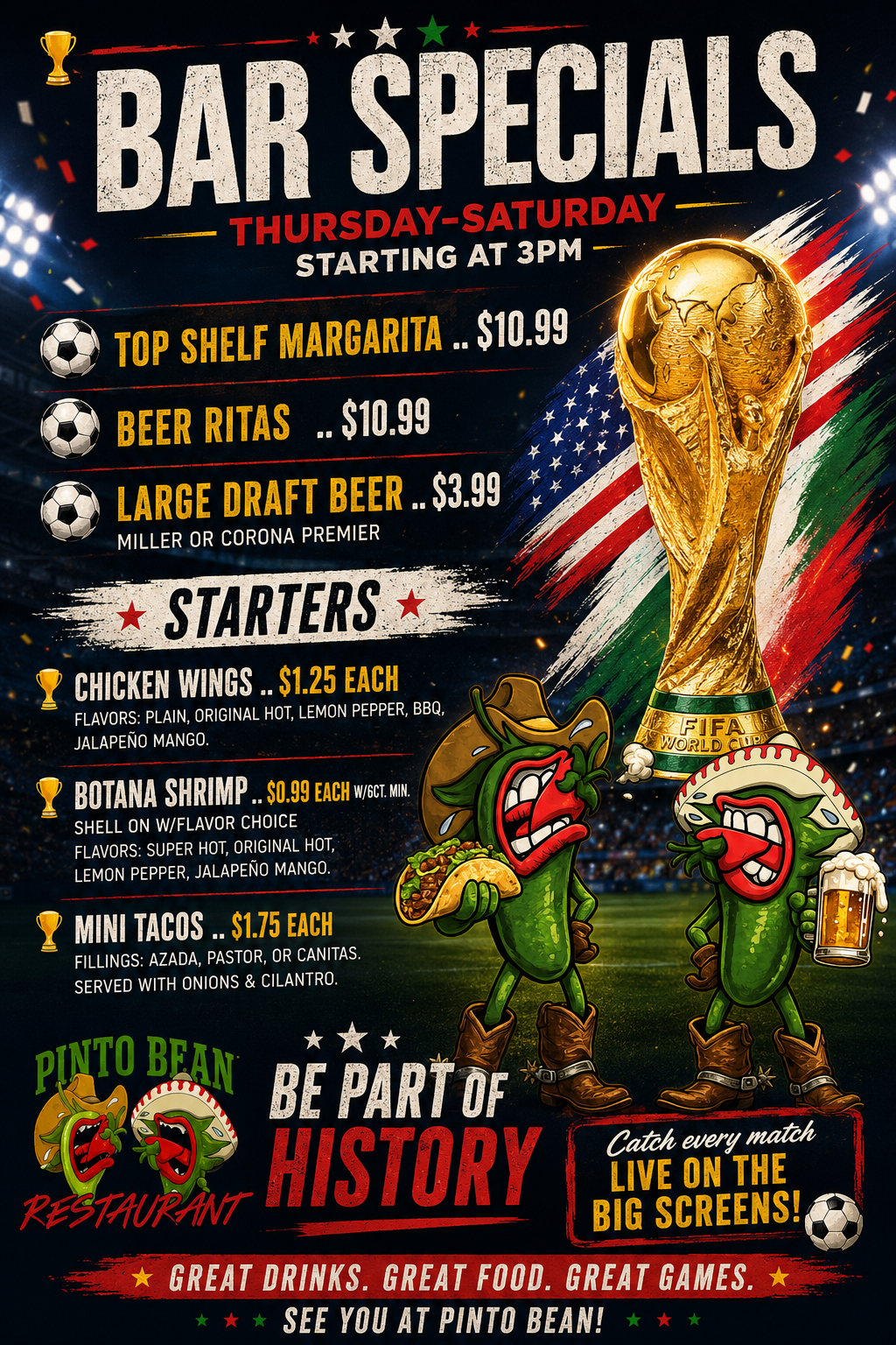 Bar Specials Thursday–Saturday — margaritas, beer, wings, shrimp, mini tacos