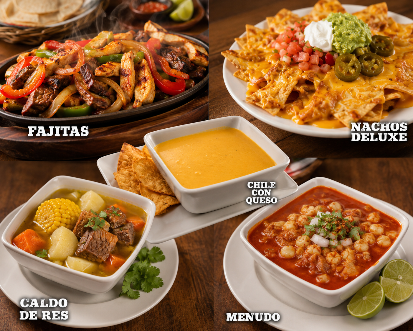 Tex-Mex spread of fajitas, enchiladas, beans and chips at Pinto Bean Restaurant